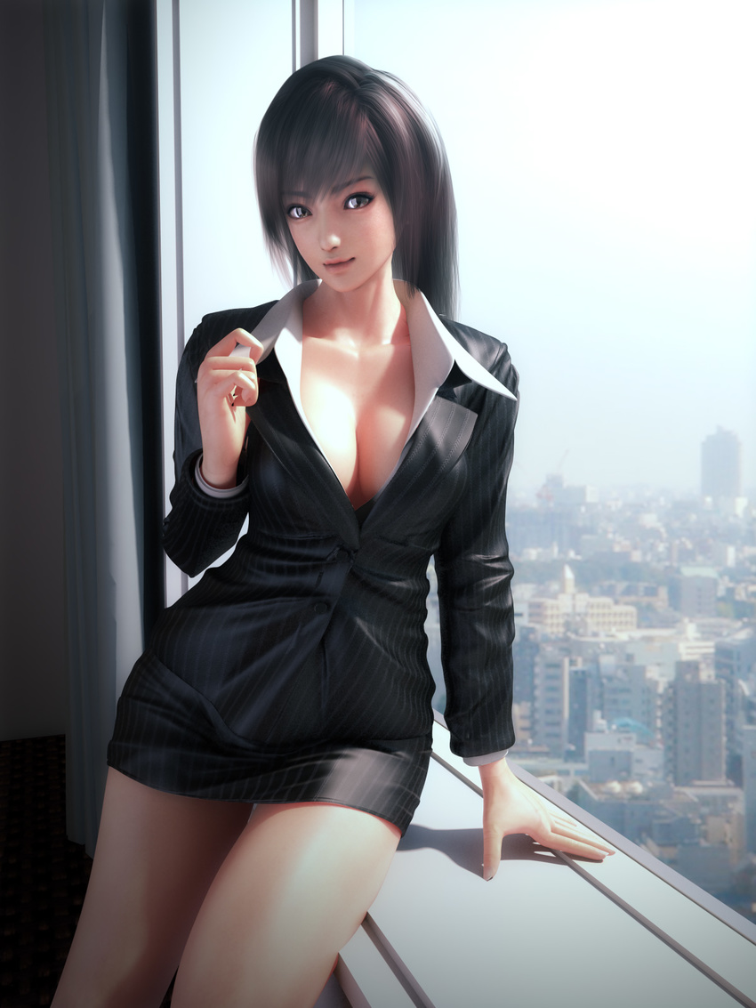 3d black_eyes black_hair breasts cleavage incise_soul large_breasts looking_at_viewer m-rs miniskirt office_lady skirt window