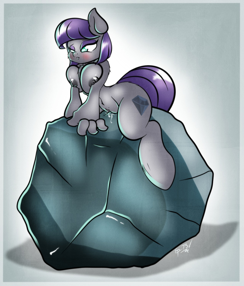 anthro anthrofied blue_eyes blush breasts chest_tuft cutie_mark ep777 equine female friendship_is_magic fur grey_fur hair horse mammal maud_pie_(mlp) my_little_pony pony purple_hair pussy pussy_juice rock solo tom_(mlp) tuft