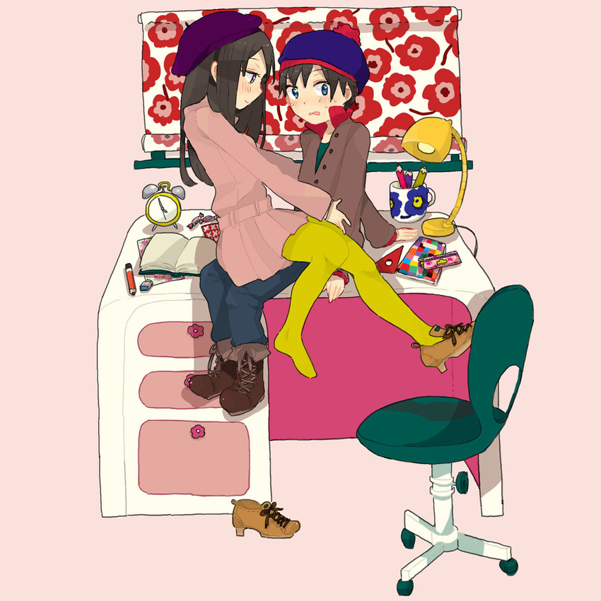 1girl alarm_clock asami_(space_neko) beret black_hair blue_eyes book candy chair clock coat cup denim desk desk_lamp eraser floral_print food half-closed_eyes hat highres jeans knit_hat lamp long_hair maren_marmulla mug on_desk pants pantyhose pencil shoes single_shoe sitting sitting_on_desk sitting_on_lap sitting_on_person smile south_park stan_marsh wendy_testaburger yellow_legwear