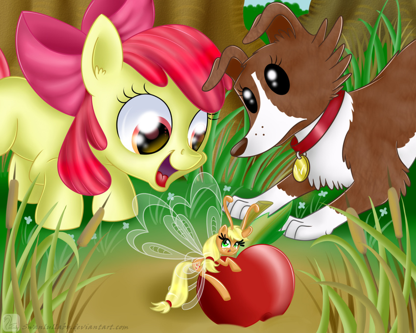 amber_eyes antennae apple apple_bloom_(mlp) applejack_(mlp) arthropod blonde_hair bow breezie canine collar cutie_mark dog equine female friendship_is_magic fruit grass green_eyes group hair horse insect mammal my_little_pony outside pony red_hair reed sibling sisters size_difference small swanlullaby tree winona_(mlp) young