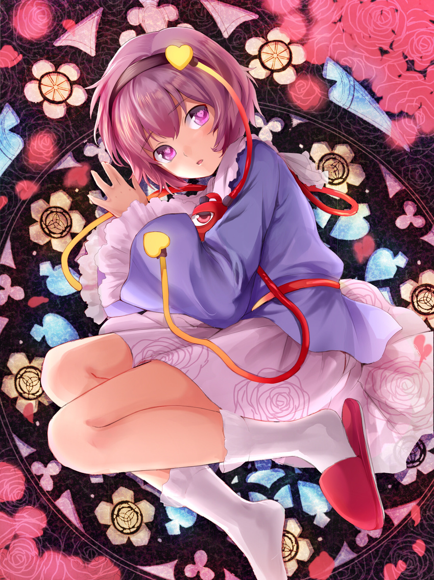 bad_id bad_pixiv_id blush floral_print flower hairband heart heart-shaped_pupils highres komeiji_satori long_sleeves looking_at_viewer lying on_side open_mouth pantsu_majirou pink_eyes pink_flower pink_hair pink_rose pink_skirt rose shirt skirt slippers solo symbol-shaped_pupils third_eye touhou wide_sleeves