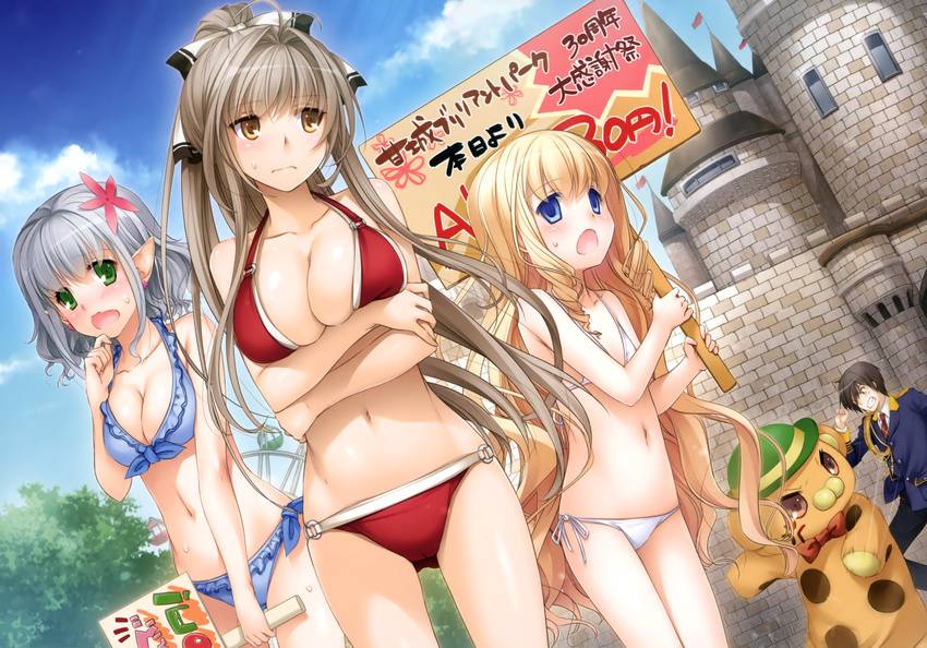 3girls absurdres ahoge amagi_brilliant_park bikini blind blonde_hair blue_bikini blue_eyes blush bow breast_hold breasts brown_eyes brown_hair cameltoe cleavage day dutch_angle earrings embarrassed empty_eyes flat_chest flower frilled_bikini frills front-tie_top full_metal_panic! green_eyes hair_bow hair_flower hair_ornament highres jewelry kanie_seiya large_breasts latifa_fleuranza long_hair moffle multiple_girls muse_(amaburi) nakajima_yuka navel o-ring o-ring_bikini o-ring_bottom o-ring_top official_art open_mouth placard pointy_ears ponytail red_bikini scan sento_isuzu shiny shiny_skin side-tie_bikini sign silver_hair string_bikini sweat sweatdrop swimsuit very_long_hair wavy_hair wavy_mouth white_bikini