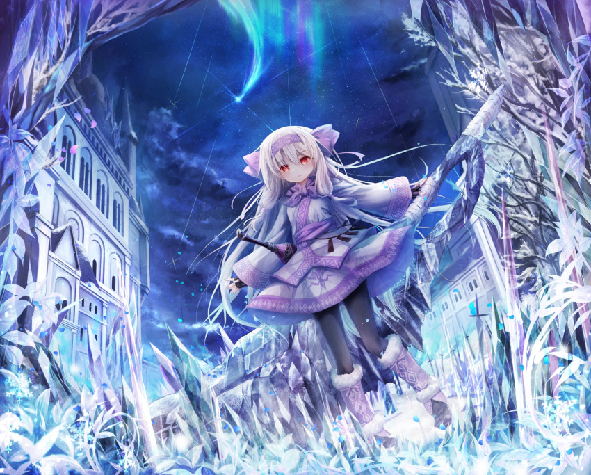 1girl ainu_clothes aurora bangs black_gloves black_legwear boots bow brown_footwear castle cloud commentary_request crystal eyebrows_visible_through_hair falling_star fate/grand_order fate_(series) fingerless_gloves fur_trim gloves hair_between_eyes hair_bow hair_tubes highres illyasviel_von_einzbern leg_warmers light_brown_hair long_hair long_sleeves night night_sky outdoors pantyhose petals pink_bow planted_sword planted_weapon red_eyes sidelocks sitonai sky snowflakes solo standing star_(sky) starry_sky sword tower utatanecocoa very_long_hair weapon wide_sleeves