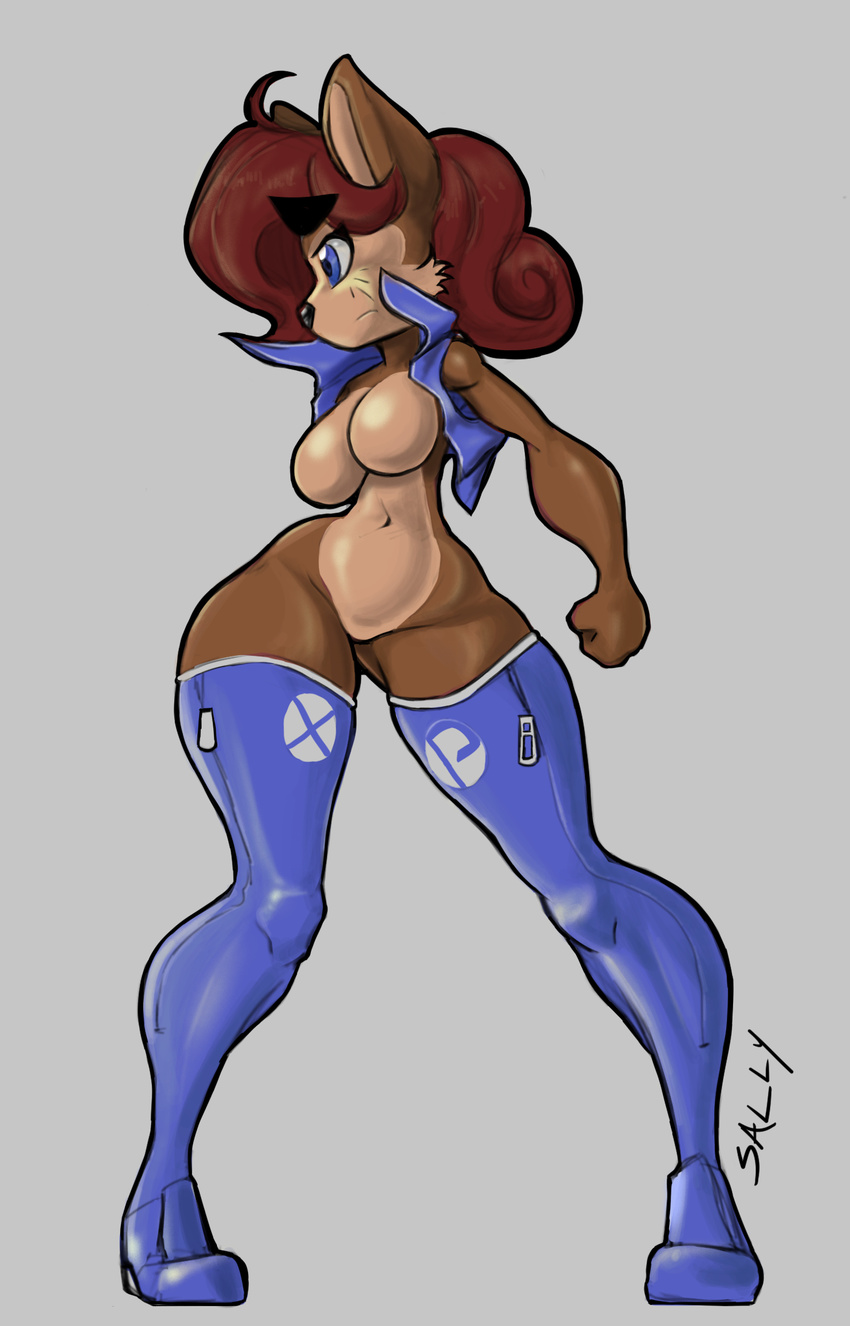 black_nose blue_eyes breasts clothing female hair legwear sally_acorn sega solo sonic_(series) stockings xopachi