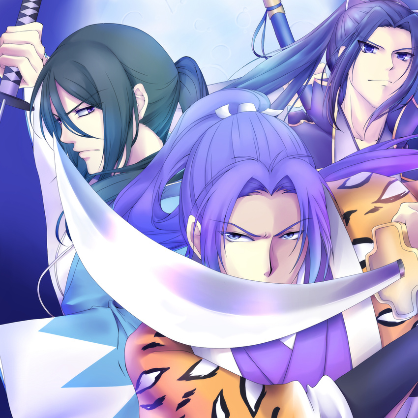 assassin_(fate/stay_night) black_hair blue_hair crossover fate/stay_night fate_(series) hakuouki_shinsengumi_kitan harukanaru_toki_no_naka_de highres hijikata_toshizou_(hakuouki) katana long_hair luluyama male_focus miki_shin'ichirou minamoto_no_yorihisa multiple_boys multiple_crossover ponytail purple_hair samurai seiyuu_connection sword weapon