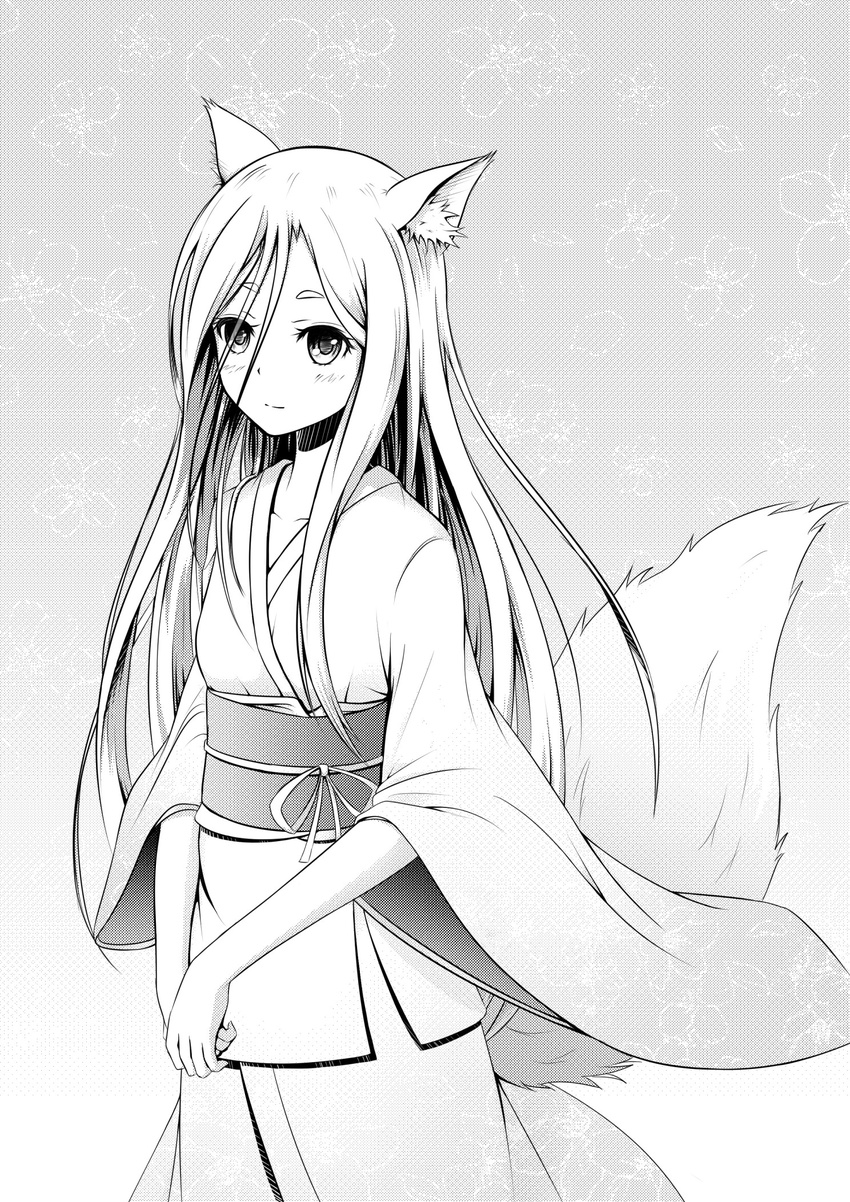 animal_ears asakurashinji blush fox_ears fox_tail greyscale highres hishamaru japanese_clothes long_hair monochrome ribbon smile solo spoilers tail tokyo_ravens wide_sleeves