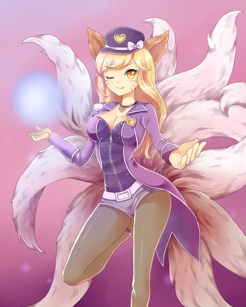 ;) ahri alternate_costume alternate_hair_color alternate_hairstyle animal_ears bad_id bad_pixiv_id bangs belt blonde_hair bow breasts cleavage cosplay dated energy_ball epaulettes facial_mark foreshortening fox_ears fox_tail girls'_generation glowing gradient gradient_background grey_legwear hat hat_bow heart heart_necklace highres jacket keichan large_breasts league_of_legends leg_up legwear_under_shorts light_smile long_hair looking_at_viewer magic multiple_tails one_eye_closed open_clothes open_jacket outstretched_arm pantyhose peaked_cap popstar_ahri purple_background shiny shiny_clothes short_shorts shorts signature smile solo tail whisker_markings yellow_eyes zipper