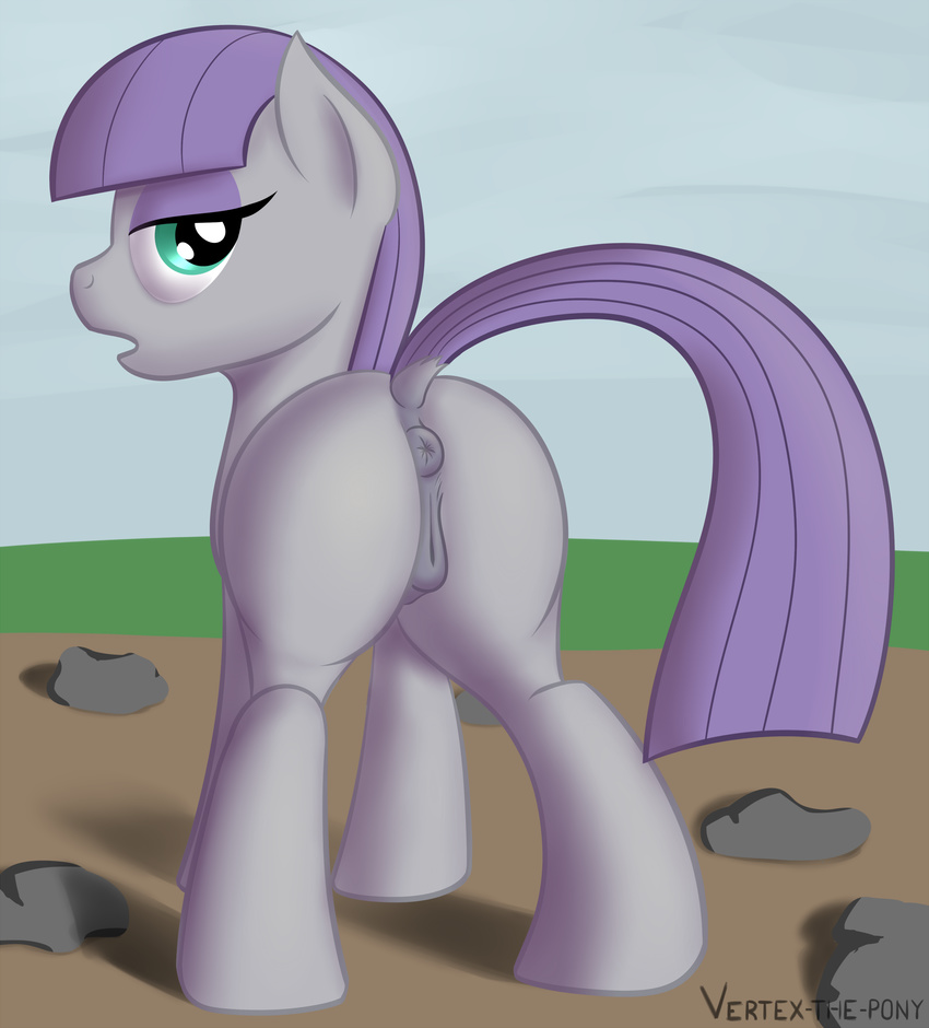 anus blue_eyes butt equine female feral friendship_is_magic fur grey_fur hair half-closed_eyes hi_res horse looking_at_viewer looking_back mammal maud_pie_(mlp) my_little_pony nipples open_mouth outside pony purple_hair pussy rock solo standing vertex