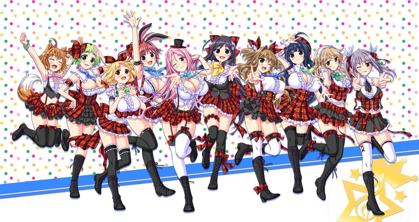 ahoge aizawa_momoka animal_ears blonde_hair blue_eyes blue_hair boots bow bows breasts brown_hair bunny_ears cleavage combat_boots dog_ears dog_tail fang finger_gun frills gigantic_breasts green_eyes green_hair hair_clip hair_ornament hairclip hime_cut hinagata_kobato honoo_no_haramase_paidol_my_star_gakuen_z hoshizaki_amane hoshizaki_hime huge_breasts isuzugawa_akino jump jumping kisaragi_sora kugayama_nanako kuroki_shion large_breasts long_hair matsuda_yukari medium_breasts minami_aisa minihat multiple_girls pigtails pink_hair plaid point purple_eyes purple_hair red_hair salute short_hair short_twintails shoulder-length_hair shoulder_length_hair skirt small_breasts smile squeez suspenders tail thighhighs ties twintails very_long_hair wink yellow_eyes yuibi