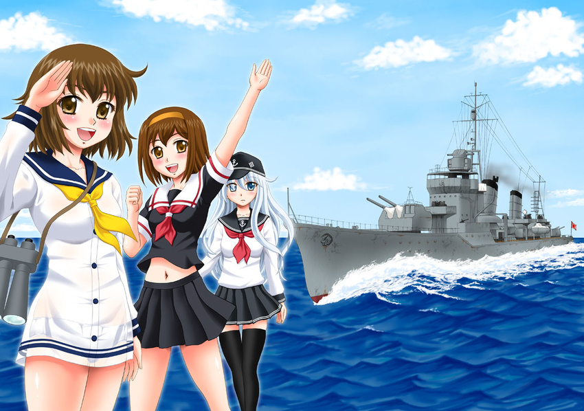 bangs black_serafuku blush brown_hair destroyer dress hairband hibiki_(kantai_collection) kantai_collection midriff military military_vehicle multiple_girls navel neckerchief ocean orange_hairband red_neckwear sailor_dress school_uniform serafuku shiny shiny_skin ship shiratsuyu_(kantai_collection) silver_hair uniform warship watercraft yasu_rintarou yukikaze_(kantai_collection)