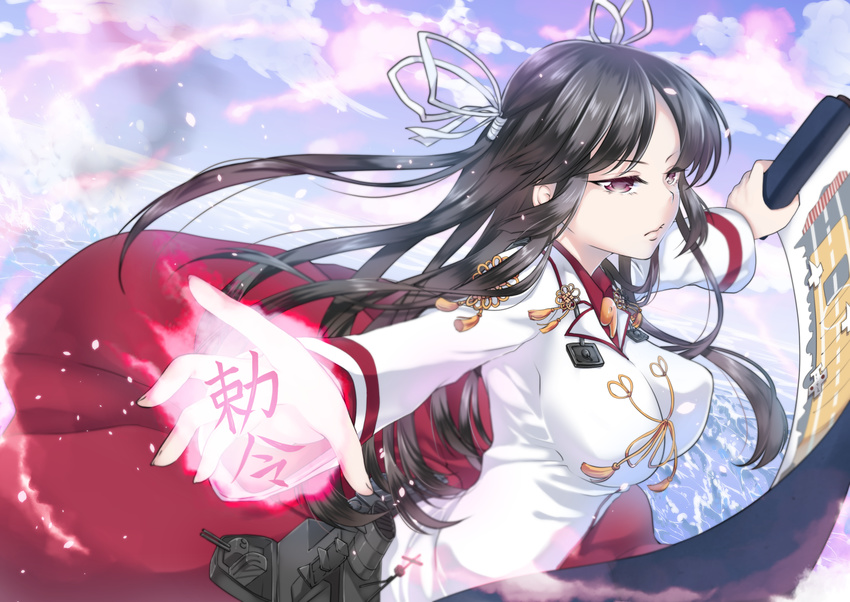 black_hair breasts fan geike hair_ribbon hiyou_(kantai_collection) kantai_collection large_breasts long_hair machinery magic military military_uniform onmyouji red_eyes ribbon scroll solo turret uniform white_ribbon