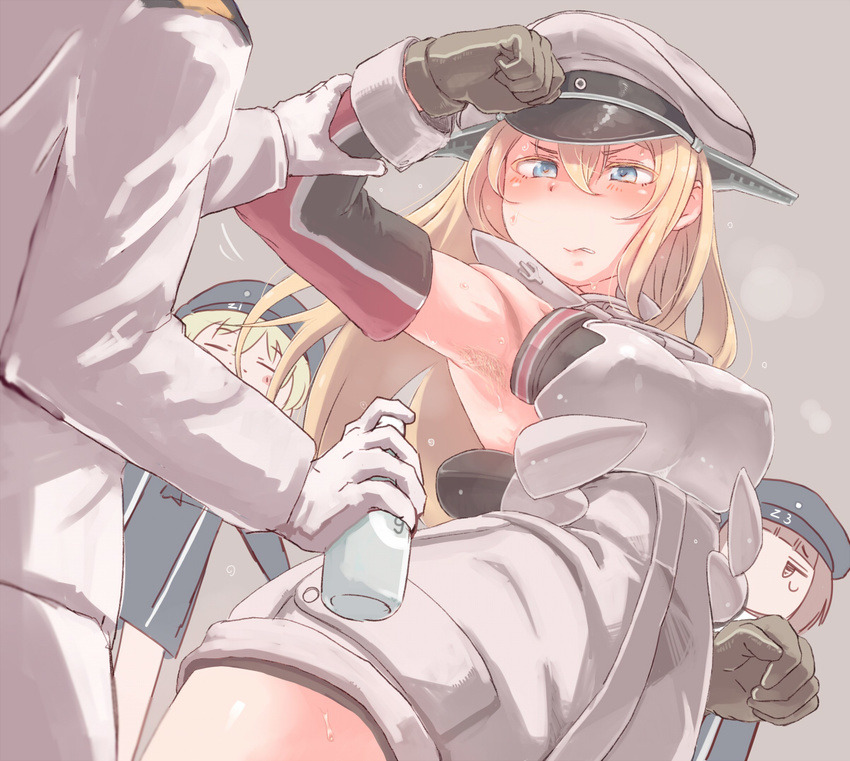 admiral_(kantai_collection) armpit_hair armpits bismarck_(kantai_collection) blonde_hair blue_eyes blush breasts brown_eyes brown_hair clothes_writing detached_sleeves dress gloves grey_legwear hat kantai_collection large_breasts long_hair military military_hat multiple_girls peaked_cap sailor_collar sailor_dress sailor_hat shimetta_seiya short_hair sweat thighhighs uniform z1_leberecht_maass_(kantai_collection) z3_max_schultz_(kantai_collection)