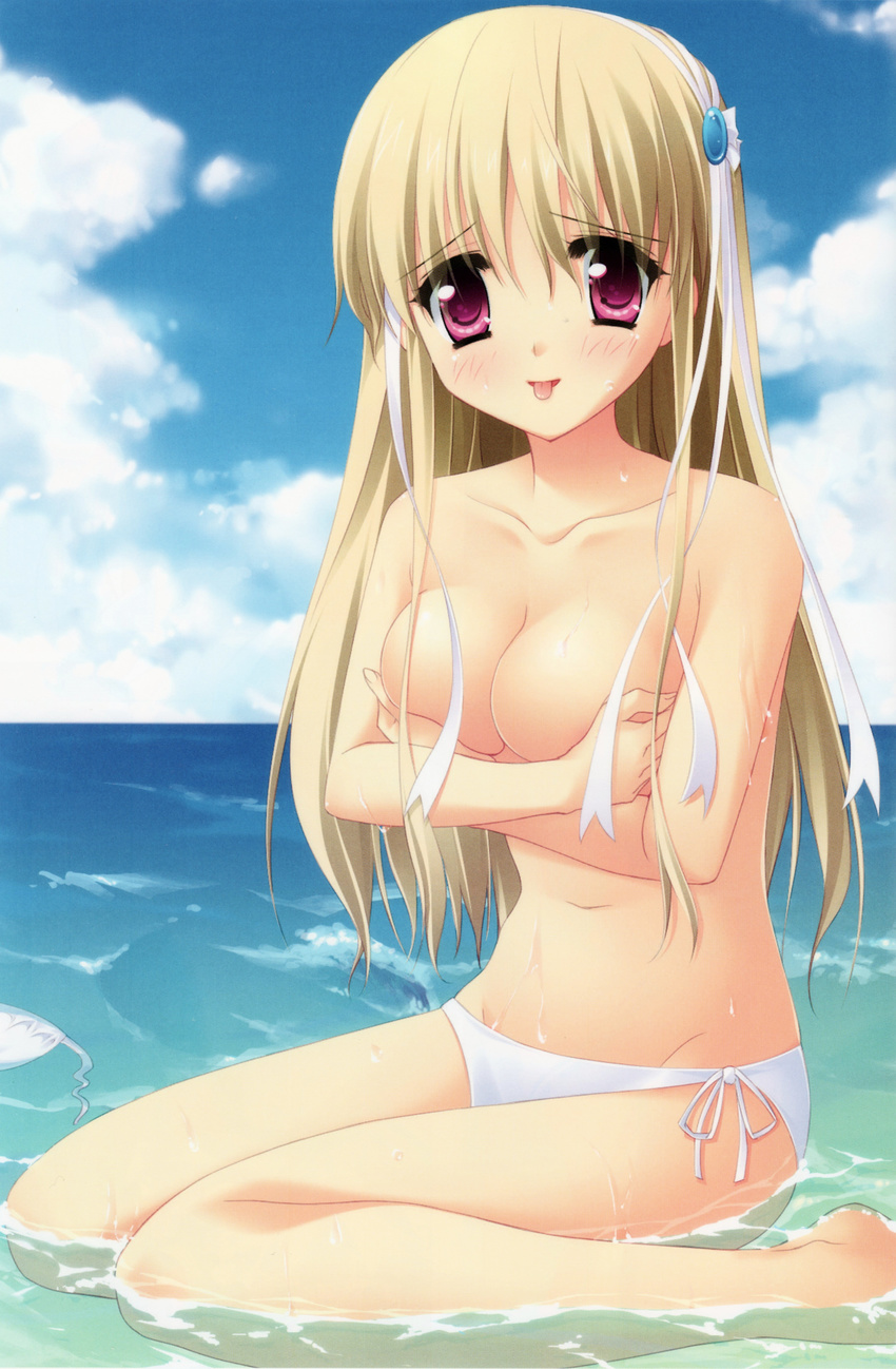 :p absurdres beach bikini bikini_top_removed blonde_hair blue_sky blush breasts clarissa_satsuki_maezono cleavage cloud covering covering_breasts crossed_arms day highres honeycoming_royalsweet large_breasts long_hair ocean outdoors pink_eyes rakko_(makarakko) side-tie_bikini sitting sky solo swimsuit tongue tongue_out wariza water white_bikini