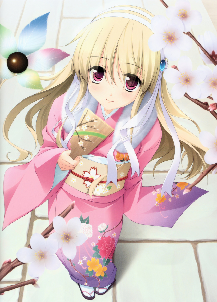 absurdres blonde_hair cherry_blossoms clarissa_satsuki_maezono furisode geta hair_ribbon highres honeycoming_royalsweet japanese_clothes kimono long_hair paddle perspective pink_eyes pink_kimono rakko_(makarakko) ribbon shuttlecock solo