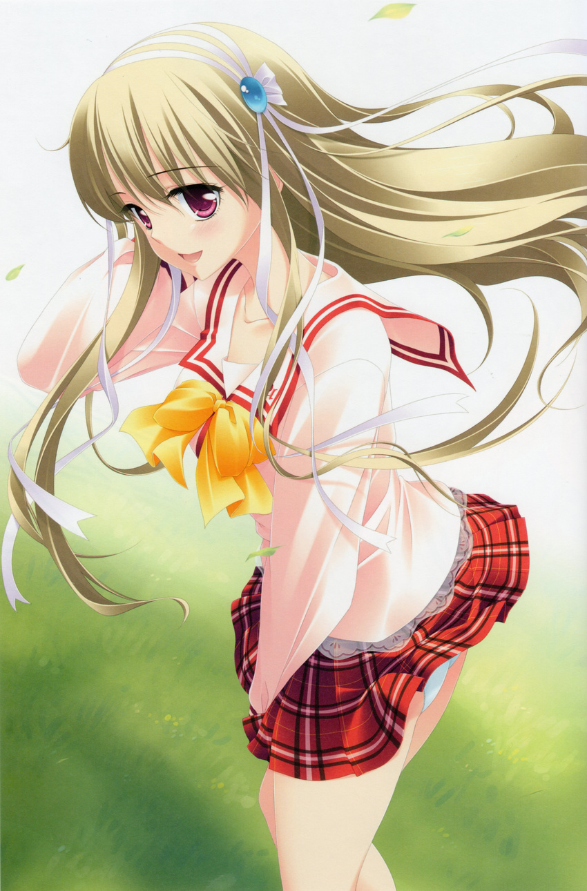 :d absurdres blonde_hair clarissa_satsuki_maezono grass hair_ribbon highres honeycoming_royalsweet long_hair open_mouth panties pantyshot pink_eyes rakko_(makarakko) ribbon school_uniform smile solo underwear white_panties wind wind_lift