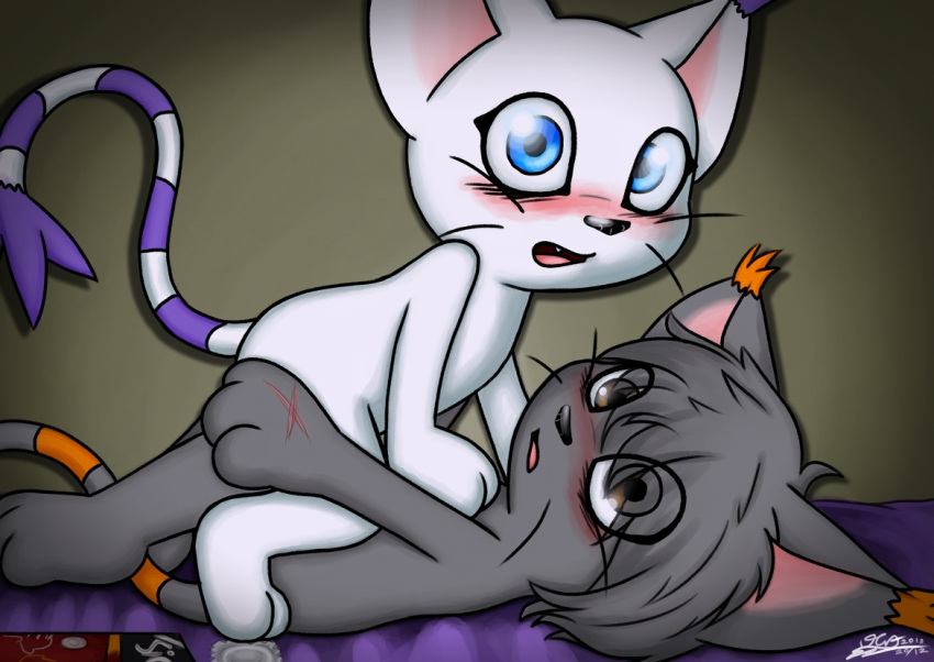 2018 anthro blue_eyes blush brown_eyes condom digimon digimon_(species) digital_media_(artwork) duo fangs feline female fur gatomon grey_hair hair hybrid male mammal milesnukem multicolored_fur nude open_mouth sex tongue tusks whiskers white_fur