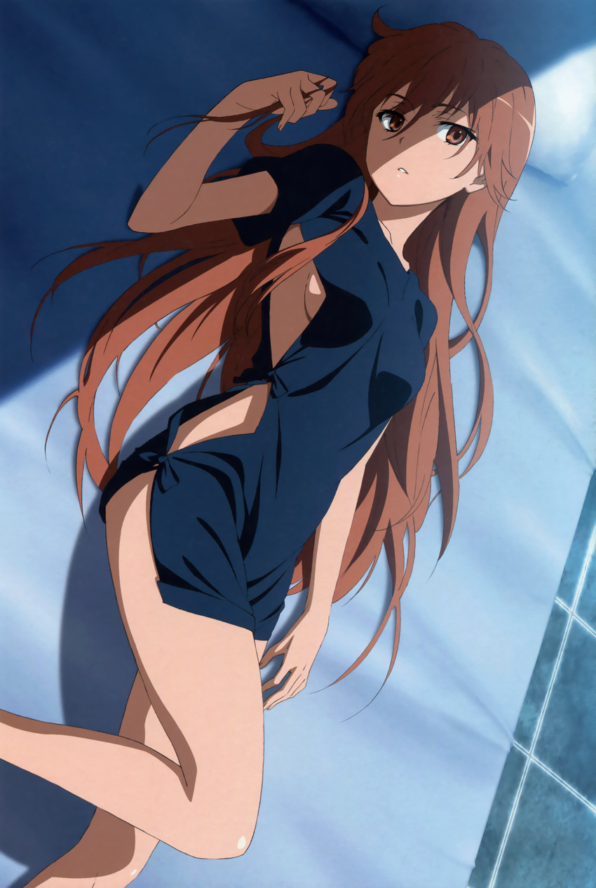 absurdres breasts brown_eyes brown_hair fujii_masahiro highres hospital_gown long_hair lying misaka_imouto misaka_imouto_9982 official_art on_back parted_lips scan sideboob small_breasts solo to_aru_kagaku_no_railgun to_aru_majutsu_no_index very_long_hair