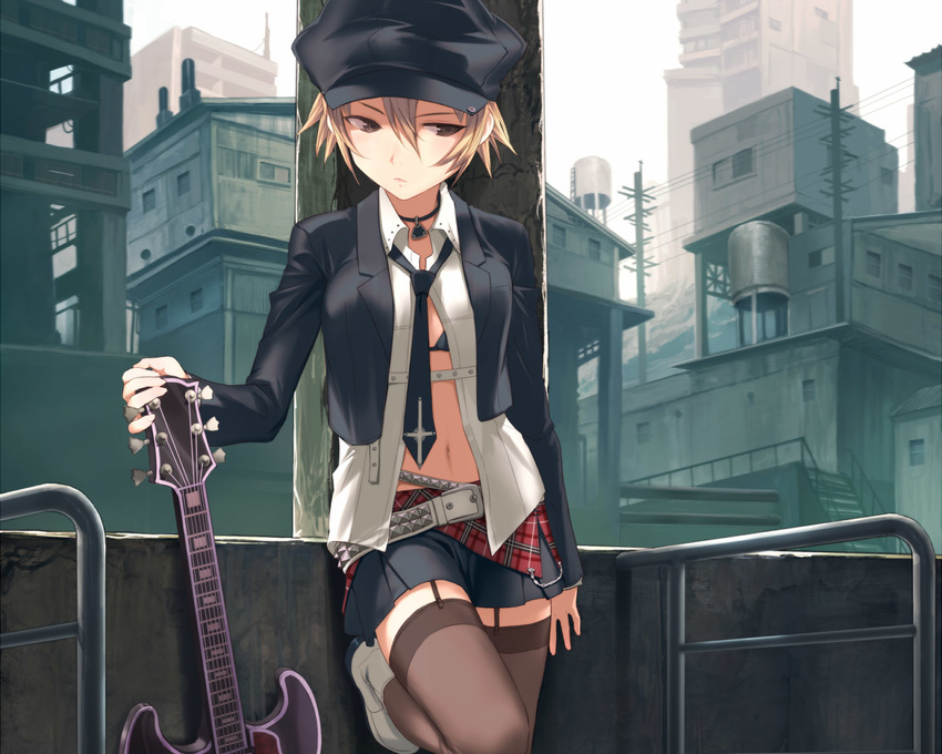 belt blonde_hair bra brown_eyes brown_hair city frown guitar hat instrument jacket jewelry leaning lingerie miniskirt navel necklace necktie open_clothes open_shirt original plaid plaid_skirt pleated_skirt shirt shoes short_hair skirt solo standing thighhighs underwear uni wallpaper zettai_ryouiki