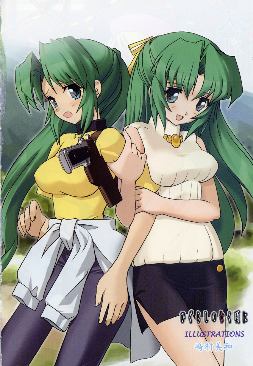 clothes_around_waist copyright_name green_hair half_updo highres higurashi_no_naku_koro_ni long_sleeves multiple_girls shimamura_miwa siblings sisters sonozaki_mion sonozaki_shion sweater sweater_around_waist twins