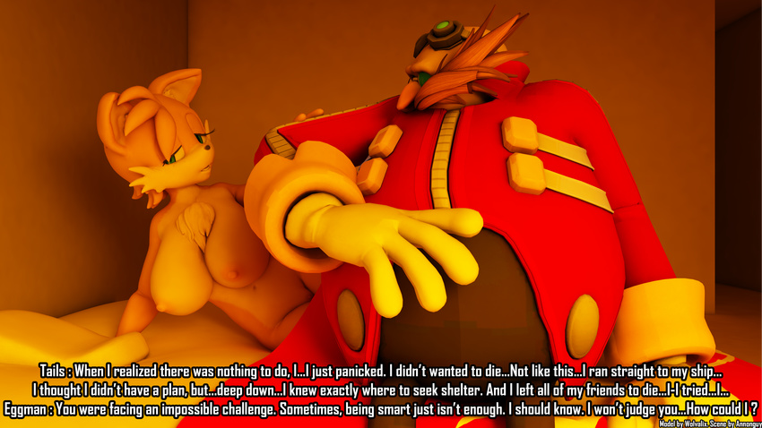 3d absurd_res annonguy anthro areola big_breasts blue_eyes breasts canine chest_tuft clothing crossgender crying dialog facial_hair female fox fur hair hi_res human male mammal miles_prower mustache nipples nude open_mouth pussy robotnik sega sonic_(series) tears text tuft video_games wolvalix