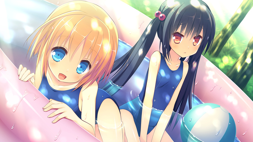 2girls alcot black_hair blonde_hair blue_eyes clover_day's game_cg nimura_yuushi red_eyes school_swimsuit short_hair swimsuit takakura_anri takakura_anzu twintails water