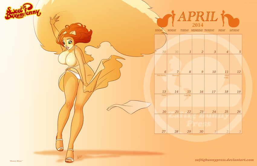 big_breasts big_tail breasts calender cleavage clothed clothing dress female fluffy_tail freckles fur green_eyes hair hi_res lips long_hair looking_down mammal orange_fur orange_skin panties penny_flynn red_hair rodent shoes solo squirrel standing thighs underwear yellow_fur yellow_skin zaftigbunnypress