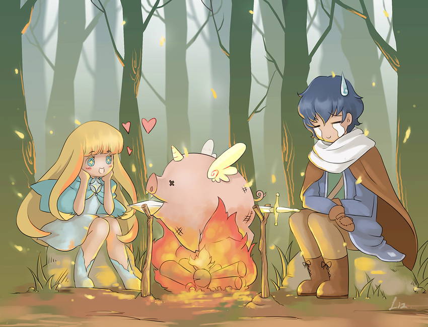 1girl blonde_hair blue_hair bonfire campfire cape commentary cooking crying dress fire forest gloves heart horn long_hair nature pig pixiv_fantasia pixiv_fantasia_fallen_kings roasting rotisserie scarf short_hair smile sweatdrop sword symbol-shaped_pupils tree weapon winged_pig wings x_x