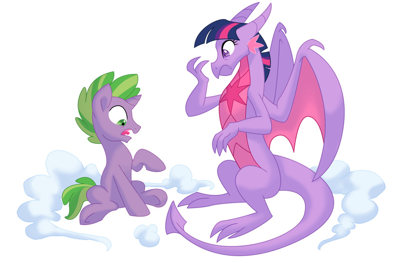 duo equine female friendship_is_magic fur green_eyes hair horn long_tail lopoddity male mammal multi-colored_hair my_little_pony open_mouth purple_eyes purple_fur purple_hair purple_scales shocked smoke spade_tail species_swap spike_(mlp) tails tongue twilight_sparkle_(mlp) unicorn wings