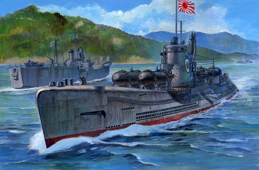 antennae box_art cliff commentary day flag forest i-58_(submarine) imperial_japanese_navy kaiten_(weapon) koizumi_kazuaki_production military military_vehicle nature no._101-class_landing_ship no_humans ocean outdoors pole rising_sun ship splashing submarine sunburst tree water watercraft world_war_ii