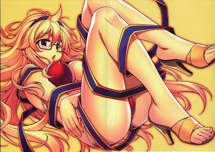 1girl absurdres ass bikini black_eyes blonde_hair blush breasts feet freezing_(series) glasses hairband high_heels highres large_breasts legs long_hair looking_down open_mouth open_shoes sandals satellizer_el_bridget simple_background solo soo-hyon_lee swimsuit thighs toes yellow_background