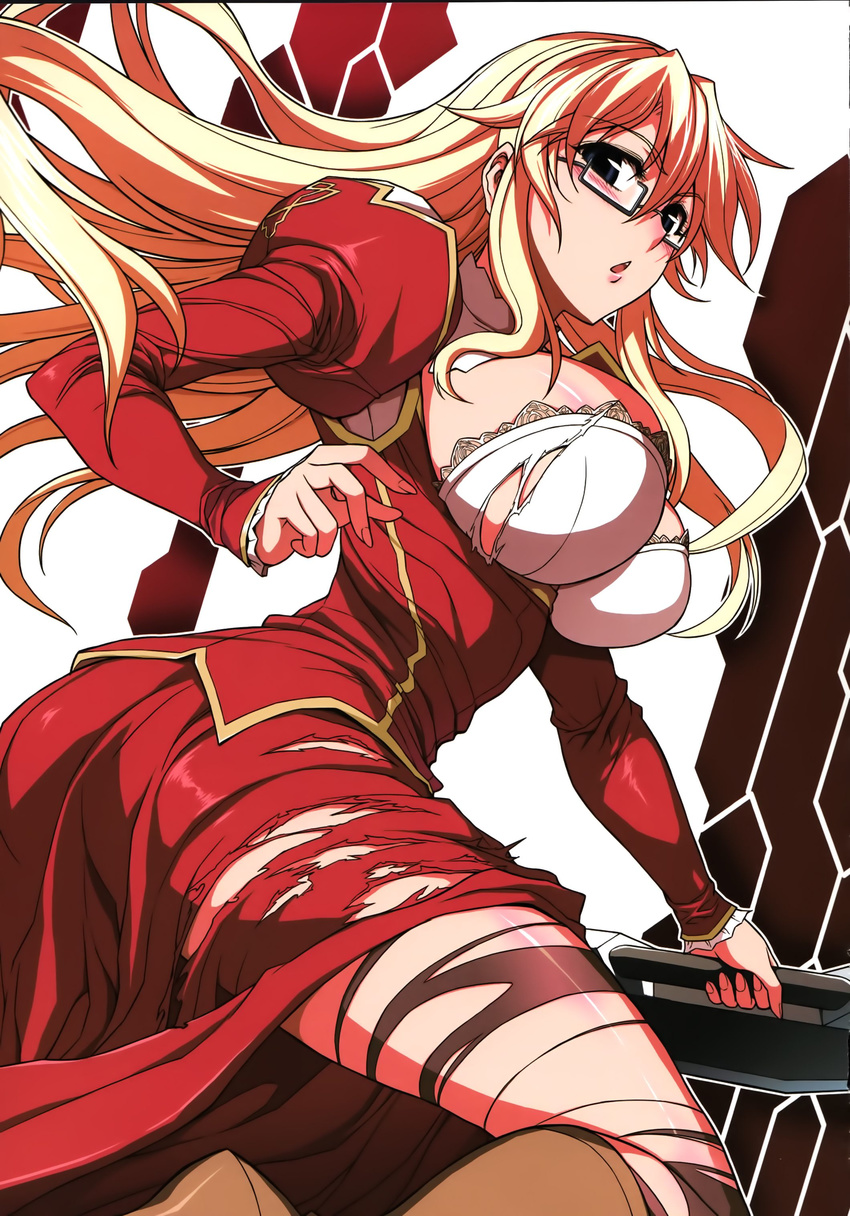 1girl absurdres black_eyes blonde_hair blush boots breasts cleavage freezing_(series) glasses highres huge_breasts legs long_hair looking_at_viewer open_mouth pantyhose satellizer_el_bridget simple_background solo soo-hyon_lee standing sword thighs torn_clothes torn_pantyhose weapon