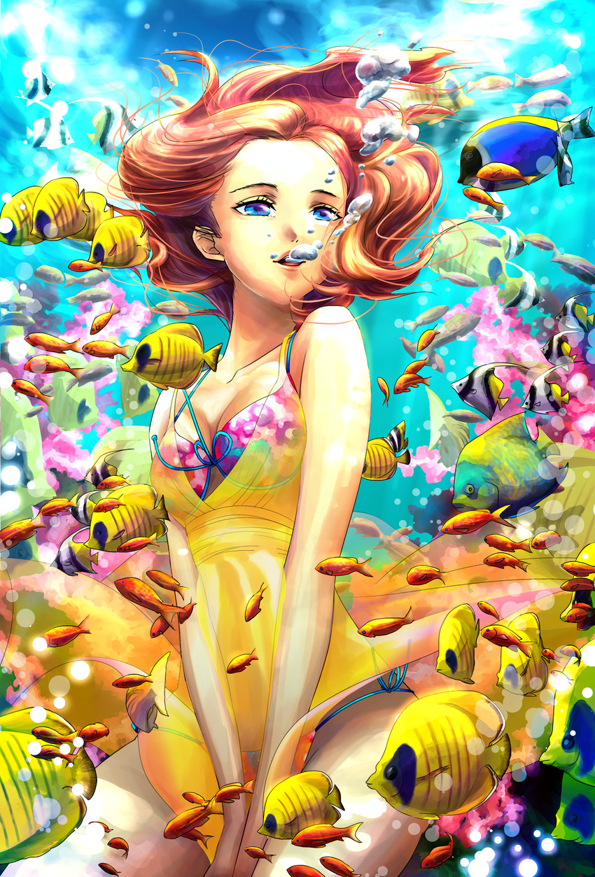 air_bubble bikini blue_eyes breath bubble bubble_blowing coral dress fish highres holding_breath original red_hair see-through short_hair solo swimsuit torabiyori underwater water