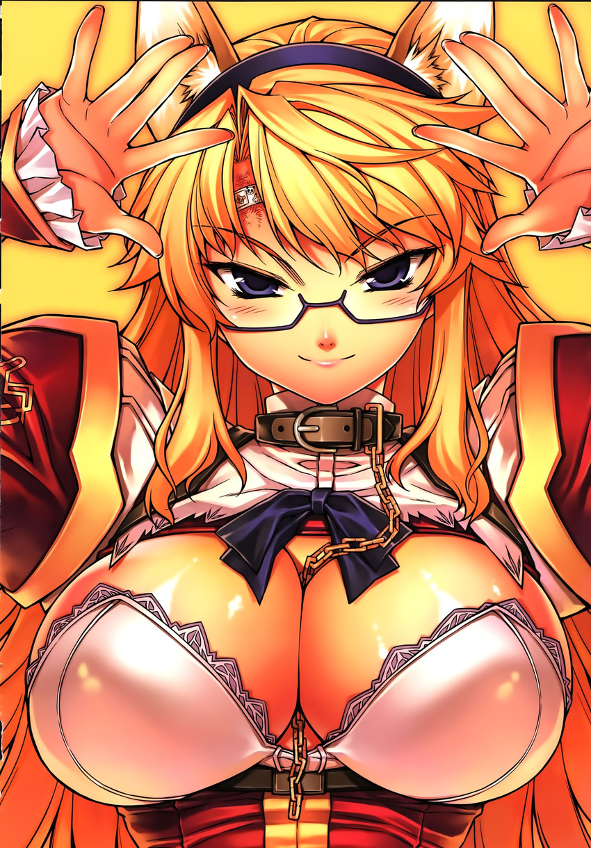 1girl absurdres animal_ears arms_up blonde_hair blue_eyes blush breasts cat_ears cleavage collar freezing_(series) glasses highres large_breasts long_hair looking_at_viewer satellizer_el_bridget simple_background smile solo soo-hyon_lee standing yellow_background