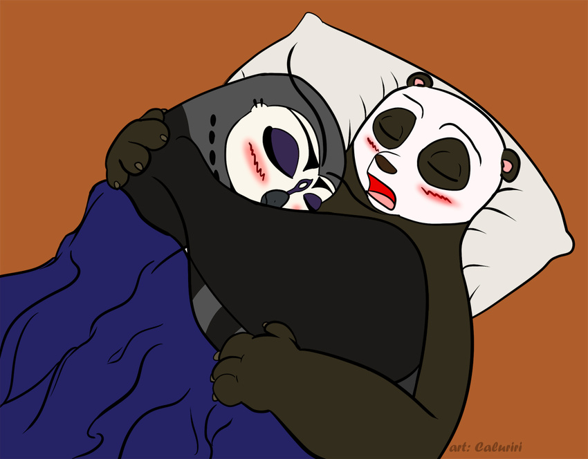 anthro avian beak bear bipedal black_nose blanket blush caluriri couple cuddling digital_media_(art) eyes_closed eyeshadow facial_markings fenghuang feral grey_beak grey_claws grey_skin half-length_portrait hug kung_fu_panda lying makeup mammal markings on_back on_side open_mouth orange_background owl panda pillow plain_background round_ears signature sleeping three-quarter_view warm_colors wings