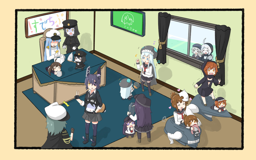 6+girls against_window ahoge akatsuki_(kantai_collection) akitsu_maru_(kantai_collection) backwards_text battleship_hime beamed_sixteenth_notes bound butterfly_net carrying_under_arm character_doll chibi closed_eyes commentary cosplay dancing desk doll eighth_note eyepatch female_admiral_(kantai_collection) fingerless_gloves floating_fortress_(kantai_collection) gloves hair_flaps hamakaze_(kantai_collection) hand_net hat heart hibiki_(kantai_collection) hood hood_up hoodie ikazuchi_(kantai_collection) inazuma_(kantai_collection) kantai_collection kidnapped kiso_(kantai_collection) lying mask mask_on_head military military_uniform multiple_girls musical_note naval_uniform on_stomach oni_horns open_mouth pink_hair puchimasu! racing re-class_battleship re-class_battleship_(cosplay) remodel_(kantai_collection) ro-class_destroyer school_uniform serafuku shading_eyes shigure_(kantai_collection) shinkaisei-kan smile southern_ocean_oni strapless stuffed_toy surprised symbol-shaped_eyes take_it_home tenryuu_(kantai_collection) tied_up translated trembling tubetop twintails uniform v wo-class_aircraft_carrier wo-class_aircraft_carrier_(cosplay) yen_sign yuureidoushi_(yuurei6214) z1_leberecht_maass_(kantai_collection)