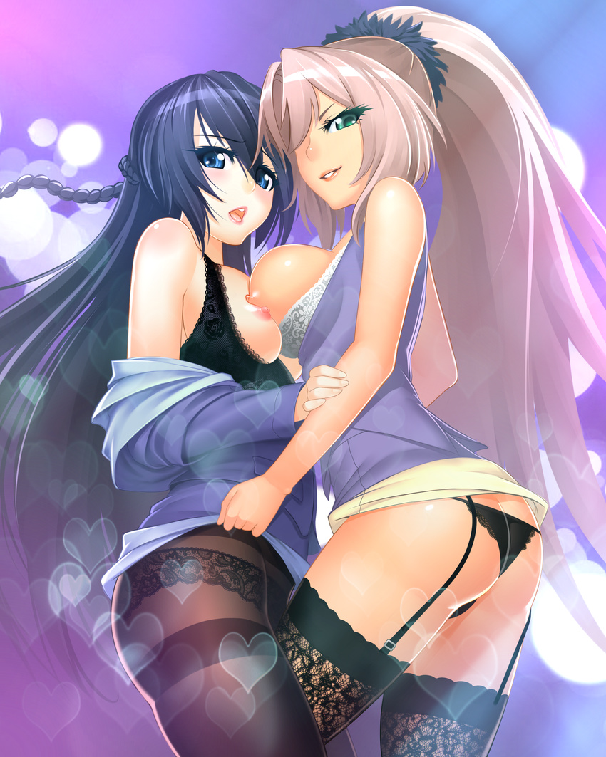 :o absurdres anesha ar_tonelico ass bad_id bad_pixiv_id black_hair black_panties blonde_hair blue_eyes bra bra_pull breast_press breasts cowboy_shot cross_edge flat_ass from_behind garter_straps green_eyes highres large_breasts long_hair looking_at_viewer looking_back lucknight misha_arsellec_lune multiple_girls nipples open_mouth panties panties_under_pantyhose pantyhose ponytail scrunchie standing symmetrical_docking thighband_pantyhose thighhighs tsurime underwear yuri