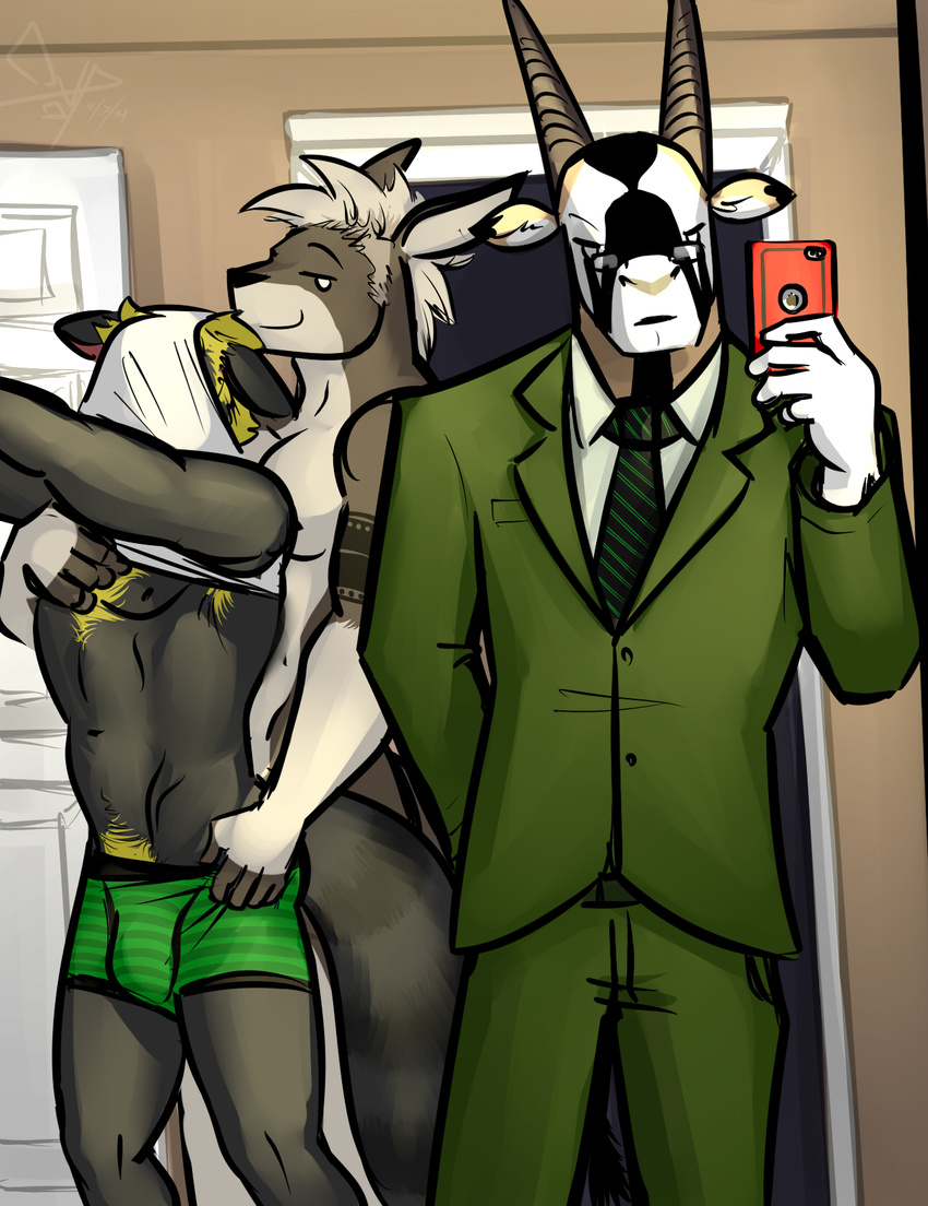 anthro antlers bgn black_fur blonde_hair body_hair chest_hair clothed clothing eyewear fur glasses grey_fur hair half-dressed horn jamie_the_oryx kangaroo male mammal marsupial onyx_(character) onyxtanuki oryx phone pubes selfie shirt_up suit sydney_o'connell sydney_o'connell tanuki underwear white_hair