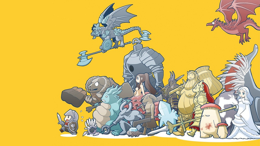 absolutely_everyone ambiguous_gender armor asylum_demon bell_gargoyle bell_gargoyles_(dark_souls) black_knight capra_demon chaos_witch_quelaag chibi crystal_golem crystal_lizard cute dark_souls demon dragon dragonslayer_ornstein executioner_smough female gaping_dragon great_grey_wolf_sif group halberd hammer hellkite_dragon horn human iron_golem knight male mammal miyasumi mushroom plain_background polearm priscilla_(dark_souls) prowling_demon sculpture shield spear statue sword teeth vagrant weapon wings yellow_background