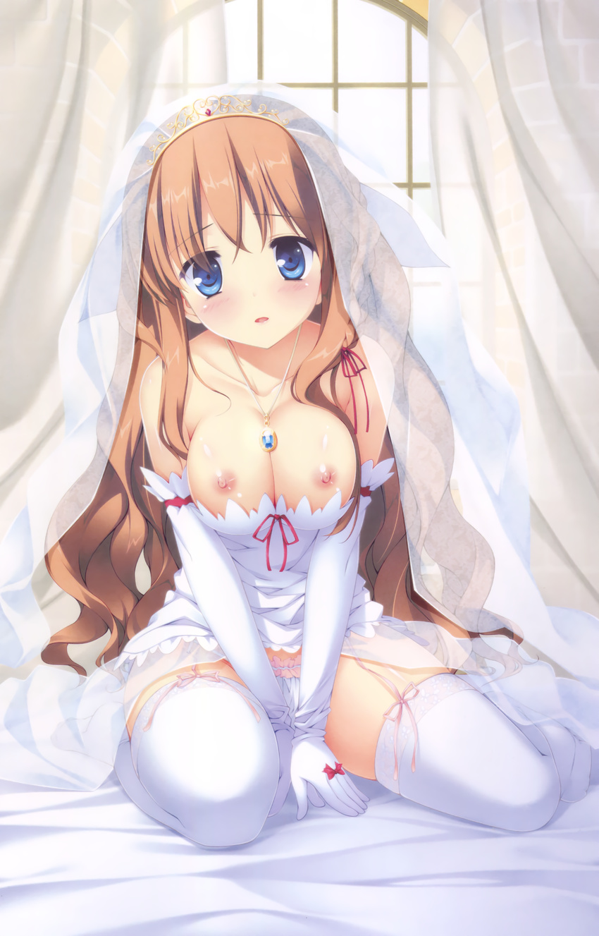 absurdres blue_eyes breasts bridal_veil brown_hair cleavage curtains dress dress_pull elbow_gloves garter_straps gloves highres jewelry lace lace-trimmed_thighhighs large_breasts melty_moment necklace nipples orie_yuuka panties rakko_(makarakko) see-through sitting thighhighs underwear veil wariza wedding_dress white_legwear white_panties window