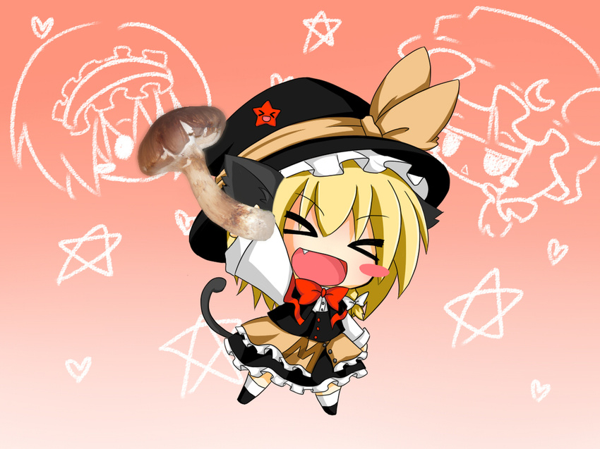 &gt;_&lt; :d alice_margatroid animal_ears blonde_hair blush buri_hamachi cat_ears cat_tail chibi closed_eyes fang hat heart kirisame_marisa long_hair meme mushroom open_mouth orange_background patchouli_knowledge ribbon ritateo smile star tail touhou xd