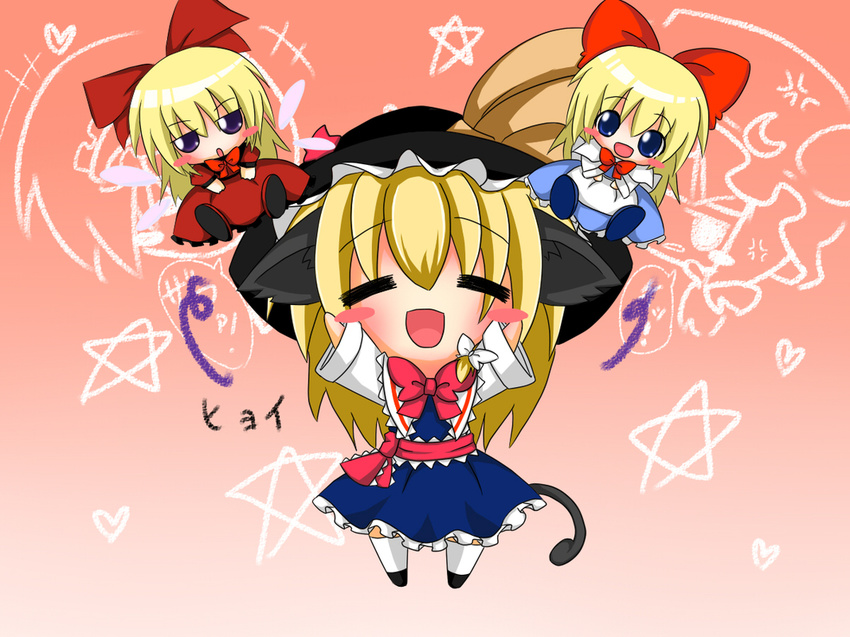 =_= alice_margatroid alice_margatroid_(cosplay) animal_ears arms_up blonde_hair blue_eyes blush bow buri_hamachi cat_ears cat_tail chibi closed_eyes cosplay hair_bow hat heart helmet hourai_doll kirisame_marisa long_hair meme multiple_girls open_mouth orange_background patchouli_knowledge ribbon ritateo shanghai_doll smile star tail touhou winged_helmet