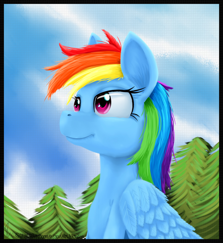 blue_feathers blue_fur cloud equine eyelashes female feral friendship_is_magic fur hair mammal multi-colored_hair my_little_pony outside pegasus portrait purple_eyes rainbow_dash_(mlp) rainbow_hair signature simple_background sky smile solo tree tyruas wings wood