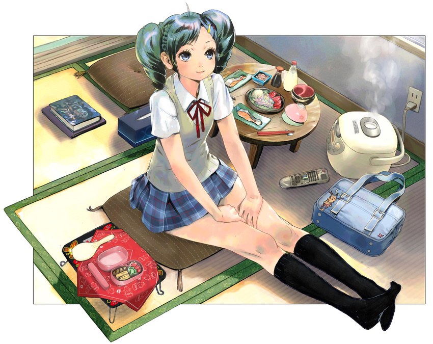 ahoge aqua_hair bag black_hair black_legwear blue_eyes blue_hair book bowl chopsticks controller drill_hair fish food hair_ornament hairclip hands_on_lap highres hugo_andore keychain kneehighs long_hair looking_up miniskirt multicolored_hair obentou original outside_border pillow plaid plaid_skirt pleated_skirt remote_control ribbon rice_bowl rice_cooker rice_spoon school_bag school_uniform sitting skirt smile socks solo soy_sauce spoon street_fighter street_fighter_iii_(series) sweater sweater_vest tatami tissue_box two-tone_hair vest yasuda_akira