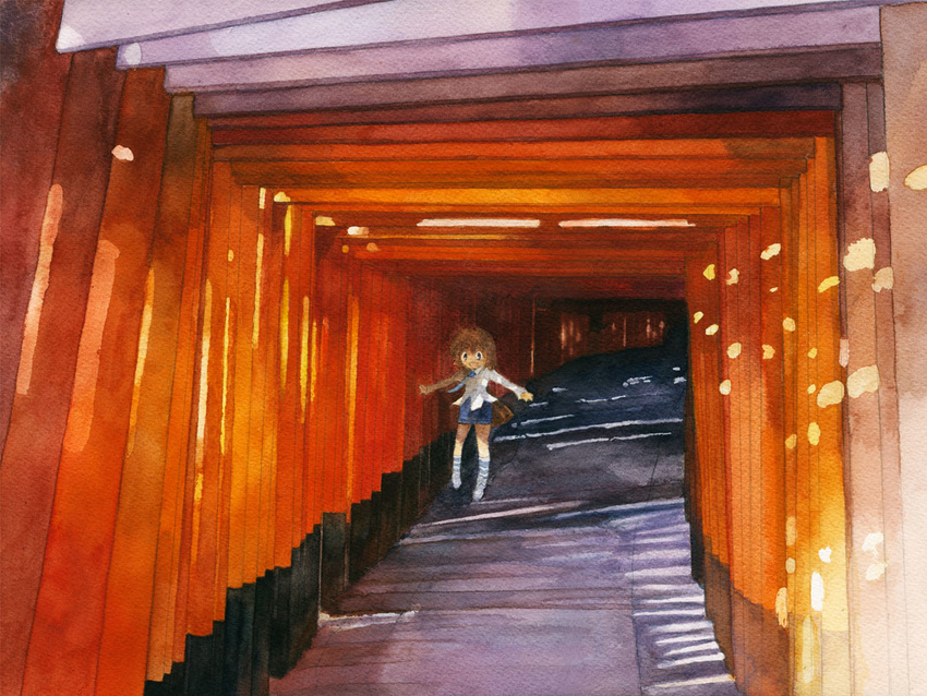 akatsuki_miho akemiho_tabi_nikki bad_id bad_pixiv_id fushimi_inari_taisha kouno_hikaru multiple_torii real_world_location scenery solo sunlight torii traditional_media watercolor_(medium)