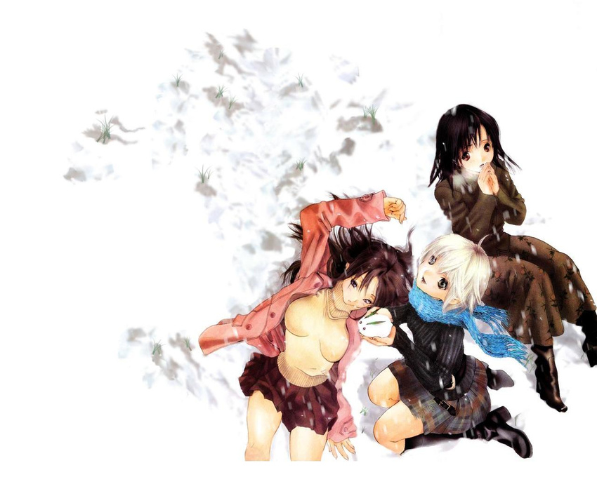 :o black_eyes black_hair blonde_hair boots breasts brown_hair from_above high_heels ichigo_100_percent kawashita_mizuki kitaooji_satsuki kneeling laughing long_hair looking_up lying medium_breasts miniskirt multiple_girls nishino_tsukasa on_back plaid plaid_skirt pleated_skirt scarf shoes short_hair silver_hair sitting skirt smile snow sweater toujou_aya turtleneck wallpaper