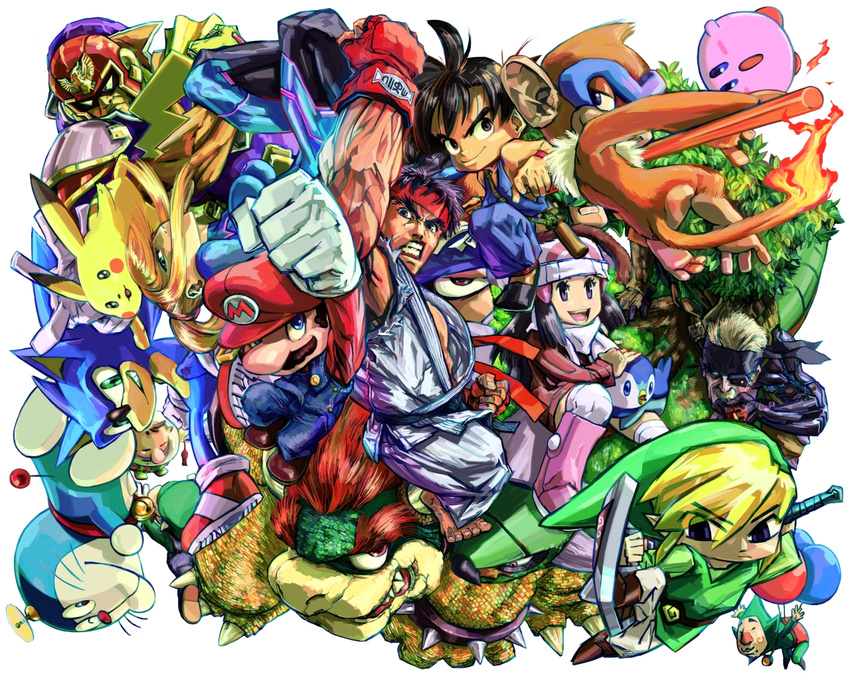 6+boys aburaya_tonbi alternate_costume armor balloon black_hair blonde_hair blue_eyes blush_stickers bowser breasts capcom captain_falcon cigarette claws clenched_hand clenched_teeth clothes_writing coat crossover doraemon doraemon_(character) dragon_ball everyone eyebrows eyepatch f-zero facial_hair fingerless_gloves fire gen_1_pokemon gen_4_pokemon gloves green_eyes hairband hat helmet hikari_(pokemon) holding holding_sword holding_weapon kirby kirby_(series) leaf left-handed link long_hair looking_at_viewer luigi mario mario_(series) mask medium_breasts metal_gear_(series) metal_gear_solid metal_gear_solid_4 metroid mole monferno multiple_boys multiple_girls mustache old_snake one_eye_closed orange_hair parody pikachu pikmin_(creature) pikmin_(series) piplup pointy_ears pokemon pokemon_(creature) pokemon_(game) pokemon_dppt pokemon_platinum purple_eyes red_eyes red_hair ryuu_(street_fighter) samus_aran sega sharp_teeth shield solid_snake son_gokuu sonic sonic_the_hedgehog spikes street_fighter super_mario_bros. super_smash_bros. sword teeth the_legend_of_zelda tingle toon_link tree weapon whiskers winter_clothes zero_suit