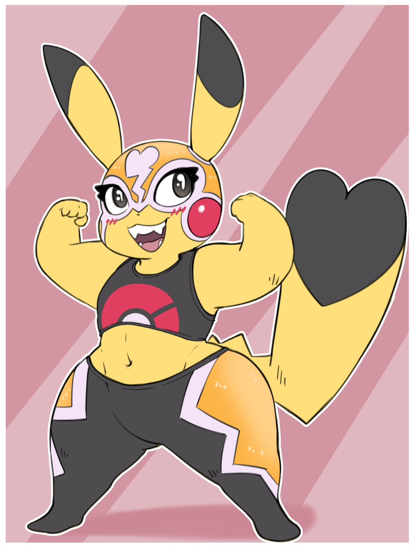 2019 4_fingers absurd_res black_eyes blush border brachyzoid cleft_tail clothed clothing cosplay_pikachu dipstick_ears eyelashes female flexing hi_res luchador midriff navel nintendo open_mouth open_smile outline pikachu pikachu_libre pok&eacute;mon pok&eacute;mon_(species) simple_background smile solo standing thick_thighs video_games white_border wide_hips wrestler yellow_body