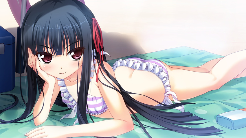 beach bikini black_hair blush butt_crack frills head_rest kirigaya_hasuka long_hair lying noritama_(gozen) on_stomach outdoors red_eyes santaful_summer smile solo striped striped_bikini swimsuit tsurime