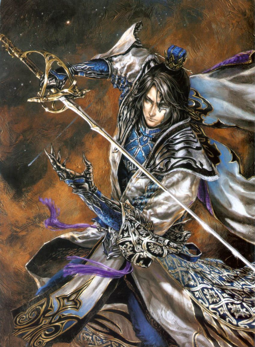 absurdres armor black_hair hat highres kojima_ayami male_focus mask official_art rapier shin_sangoku_musou shin_sangoku_musou_7 sima_shi solo sword weapon