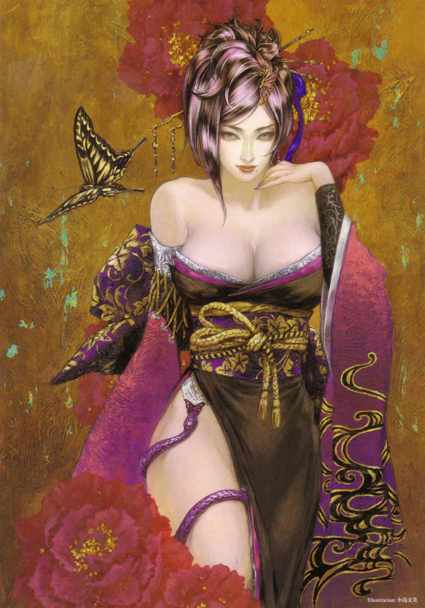 absurdres artist_name bare_shoulders breasts bug butterfly cleavage detached_sleeves flower hair_up highres insect japanese_clothes kimono kojima_ayami large_breasts mole nouhime_(sengoku_musou) official_art sengoku_musou sengoku_musou_3 snake solo